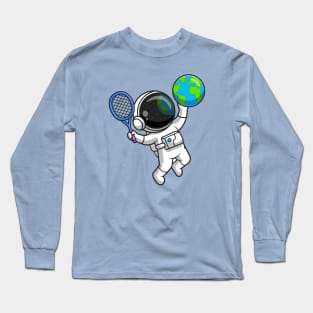 Cute Astronaut Playing Earth Globe Tennis Cartoon Long Sleeve T-Shirt